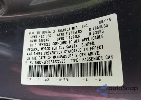 2015 Honda Accord Sport из США, поврежденный, VIN 1HGCR2F50FA222768